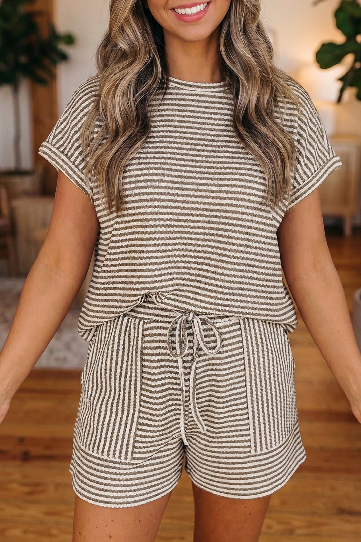 Black Stripe Breathable Textured Knit Short 2pcs Set