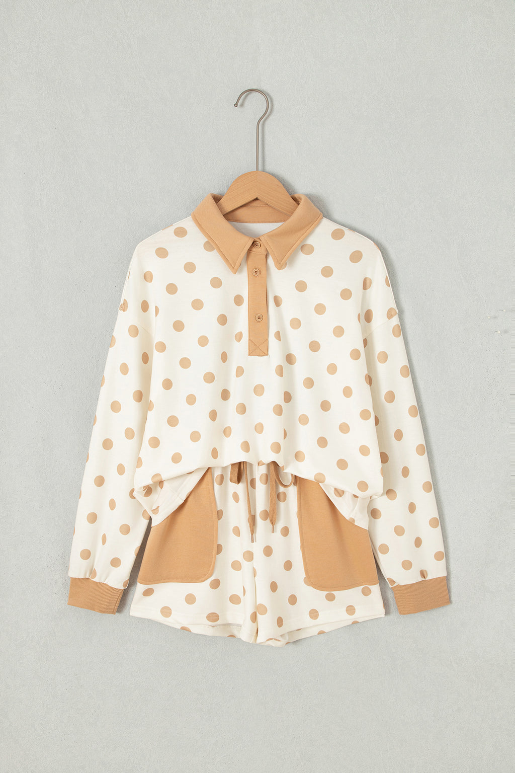 Pink Polka Dot Drop Shoulder Polo Loose Pullover Patch Pocket Casual Shorts Set