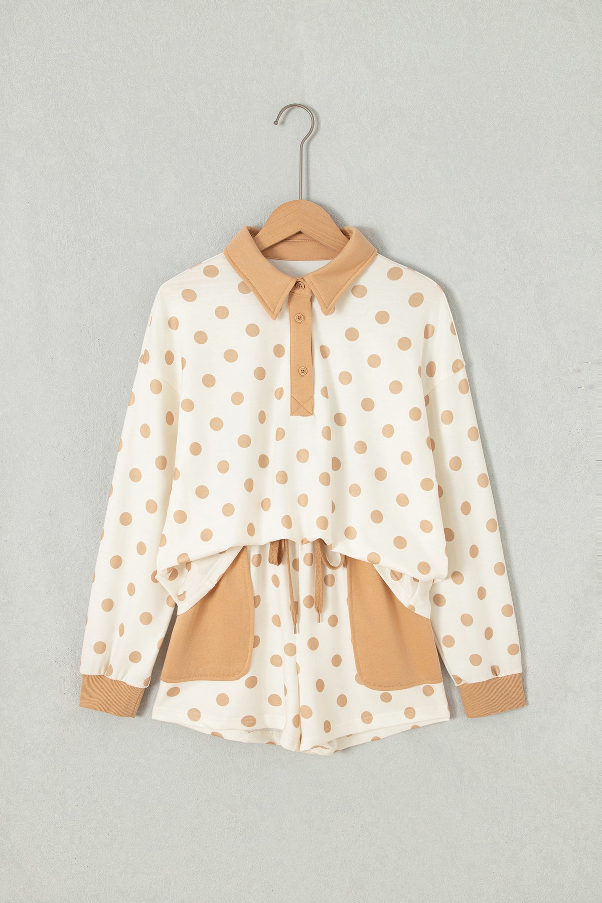 Pink Polka Dot Drop Shoulder Polo Loose Pullover Patch Pocket Casual Shorts Set