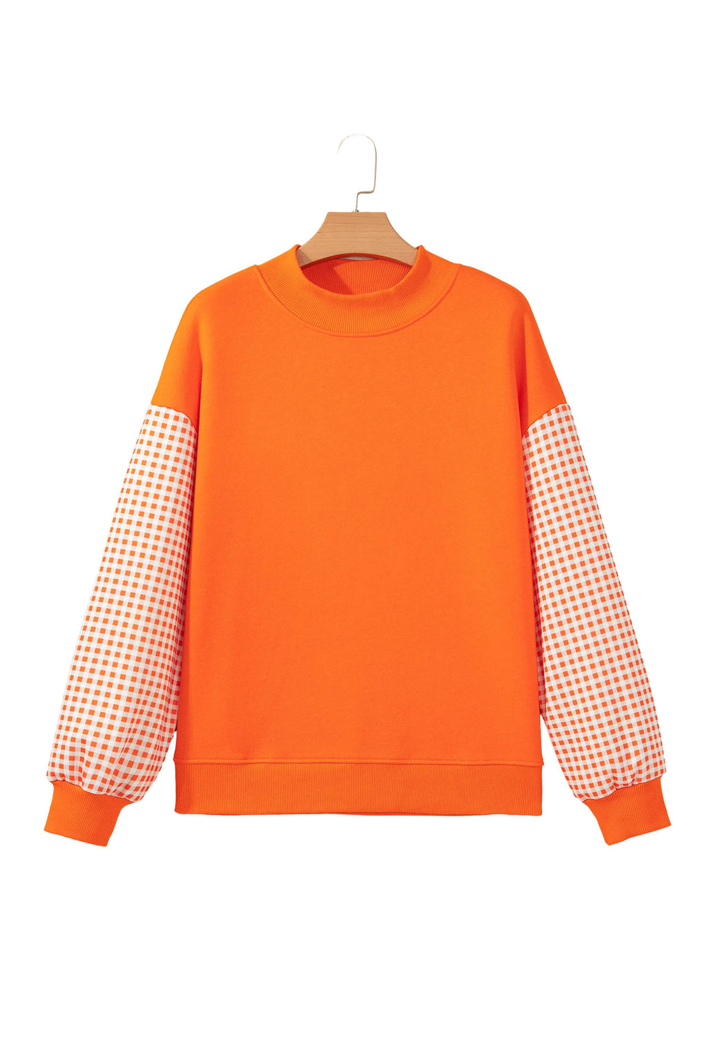 Russet Orange Plaid Sleeve Colorblock Loose Tunic Sweatshirt