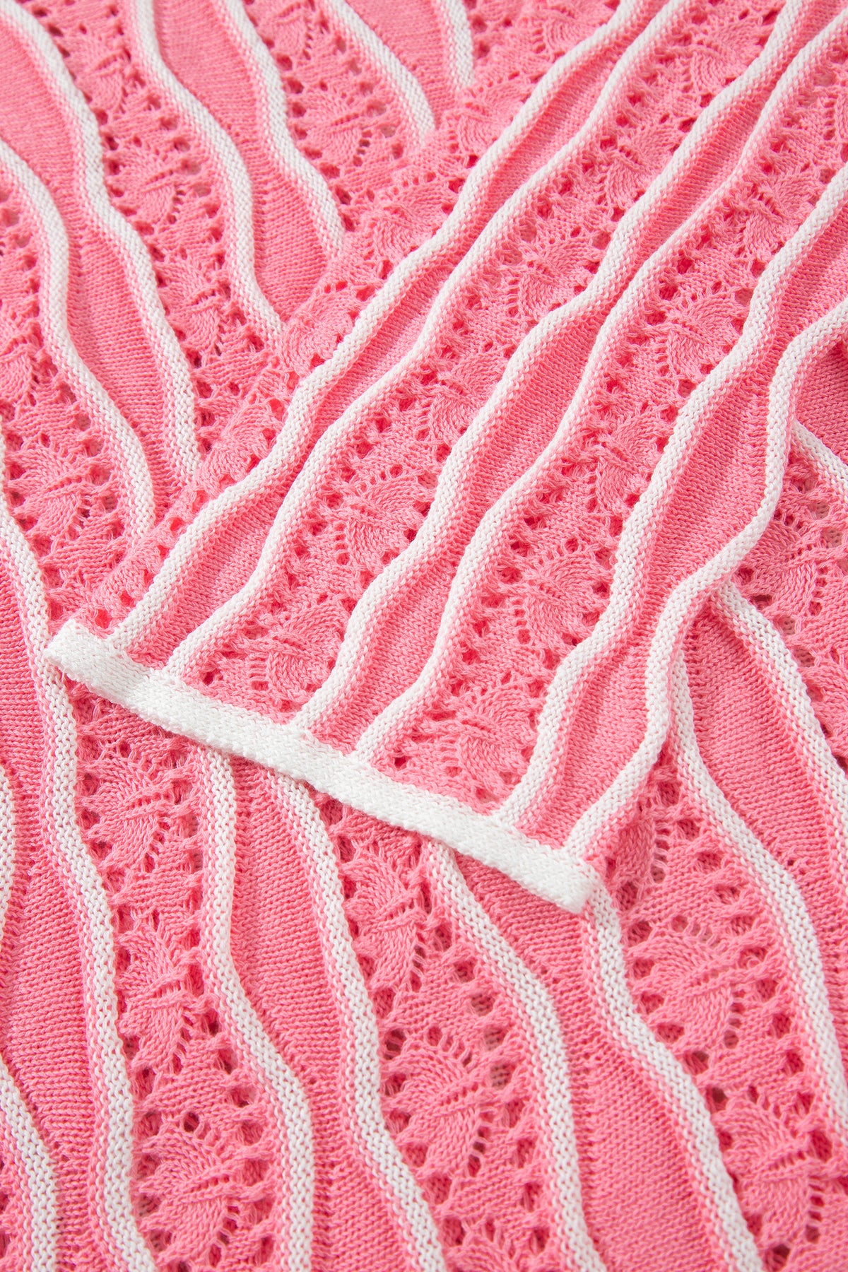 Pink Wavy Detail Hollow Out Knit Long Sleeve Cotton Pullover Sweater
