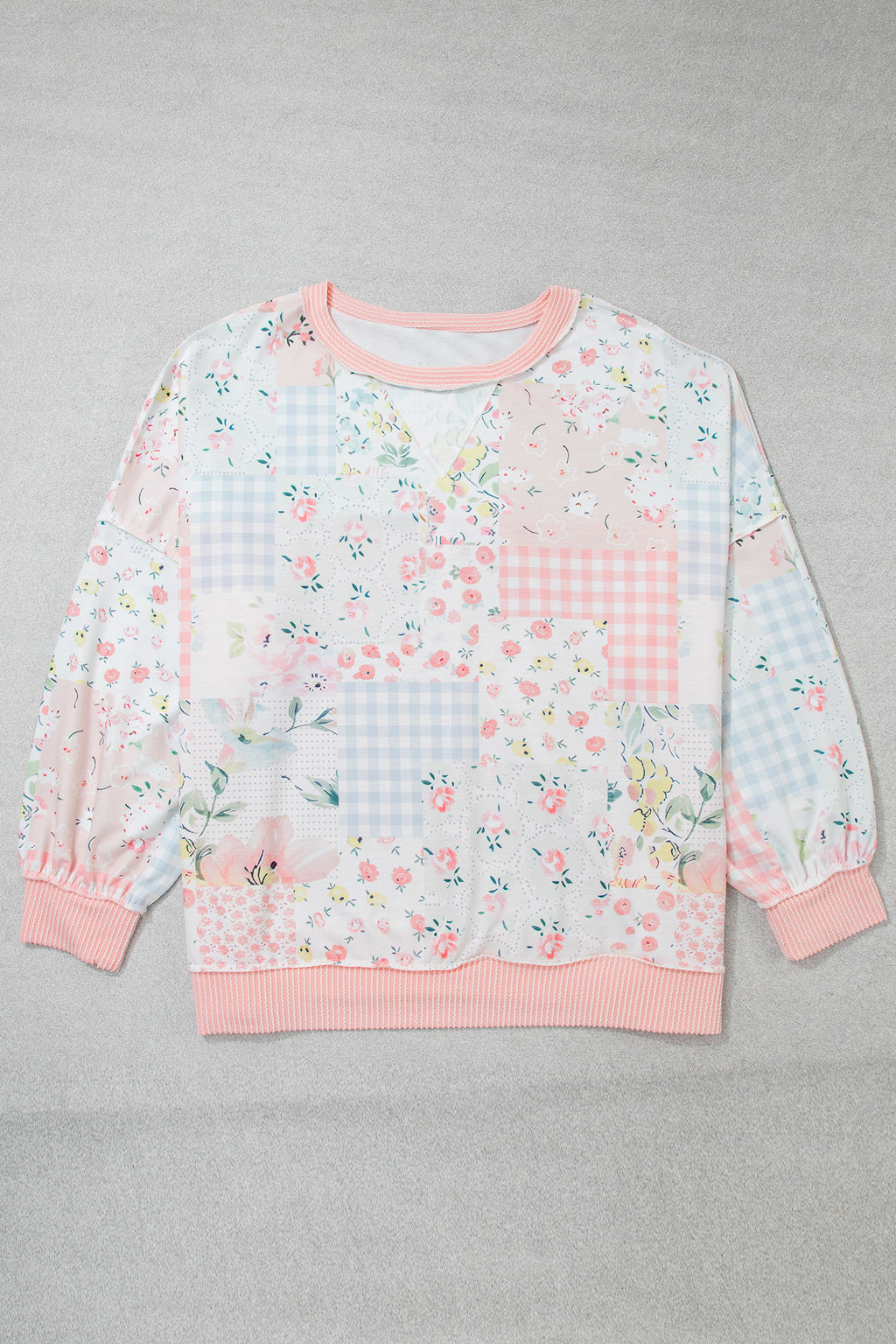Pink Patchwork Long Sleeve Tunic Plus Size Blouse