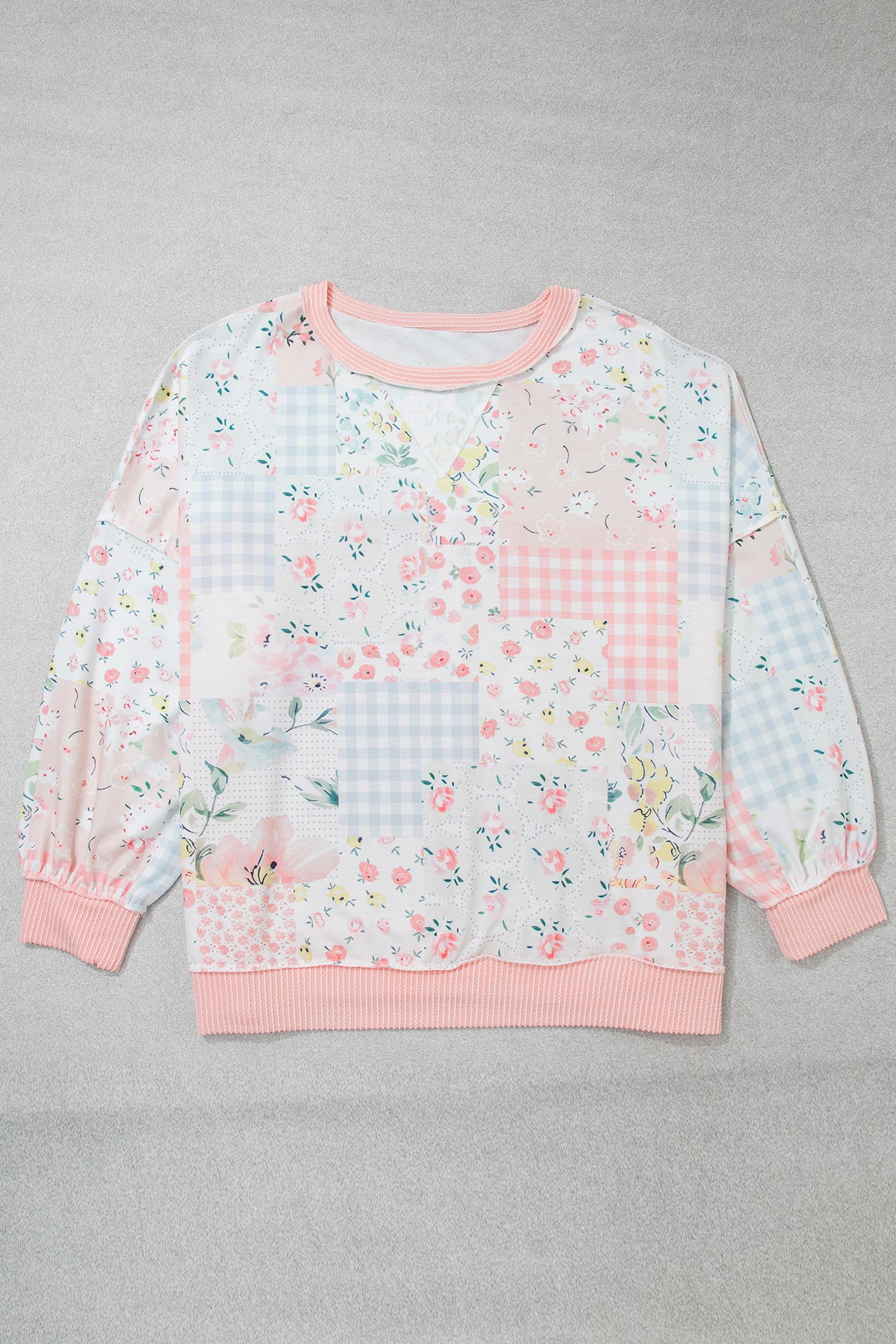 Pink Patchwork Long Sleeve Tunic Plus Size Blouse