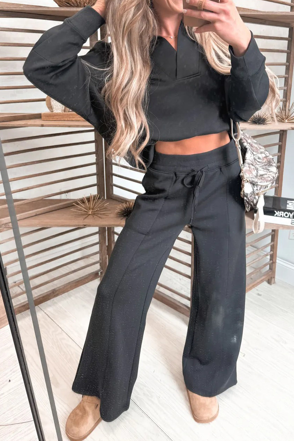 Medium Grey Collared V Neck Pullover Sweatshirt Sweatpants Set