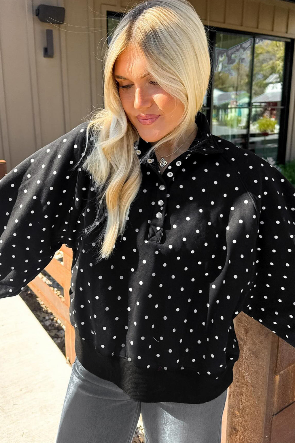 Red Polka Dot Print Metal Button Collar Casual Pullover Sweatshirt