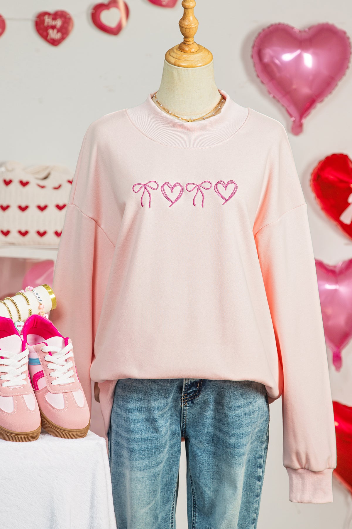 Apricot Pink Valentines Bow Heart Embroidered Sweatshirt