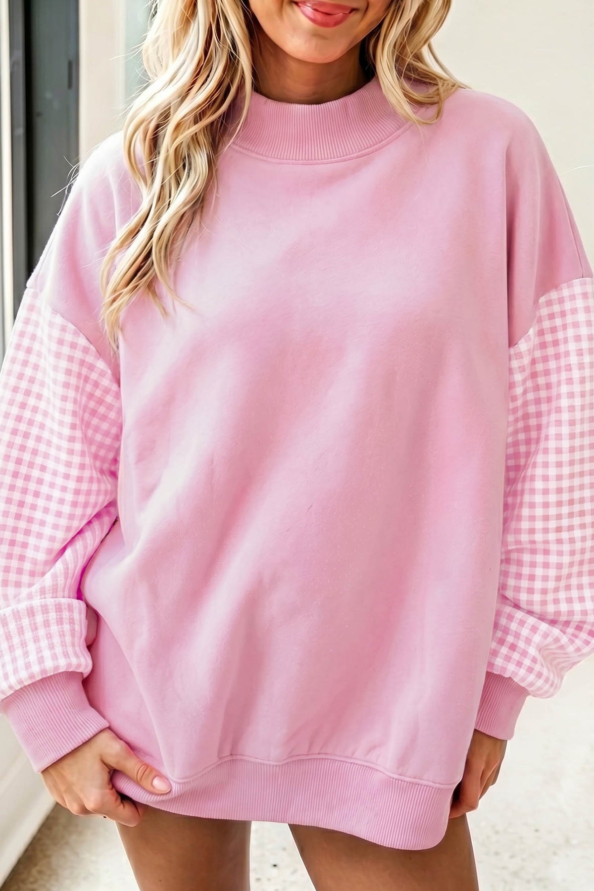 Russet Orange Plaid Sleeve Colorblock Loose Tunic Sweatshirt