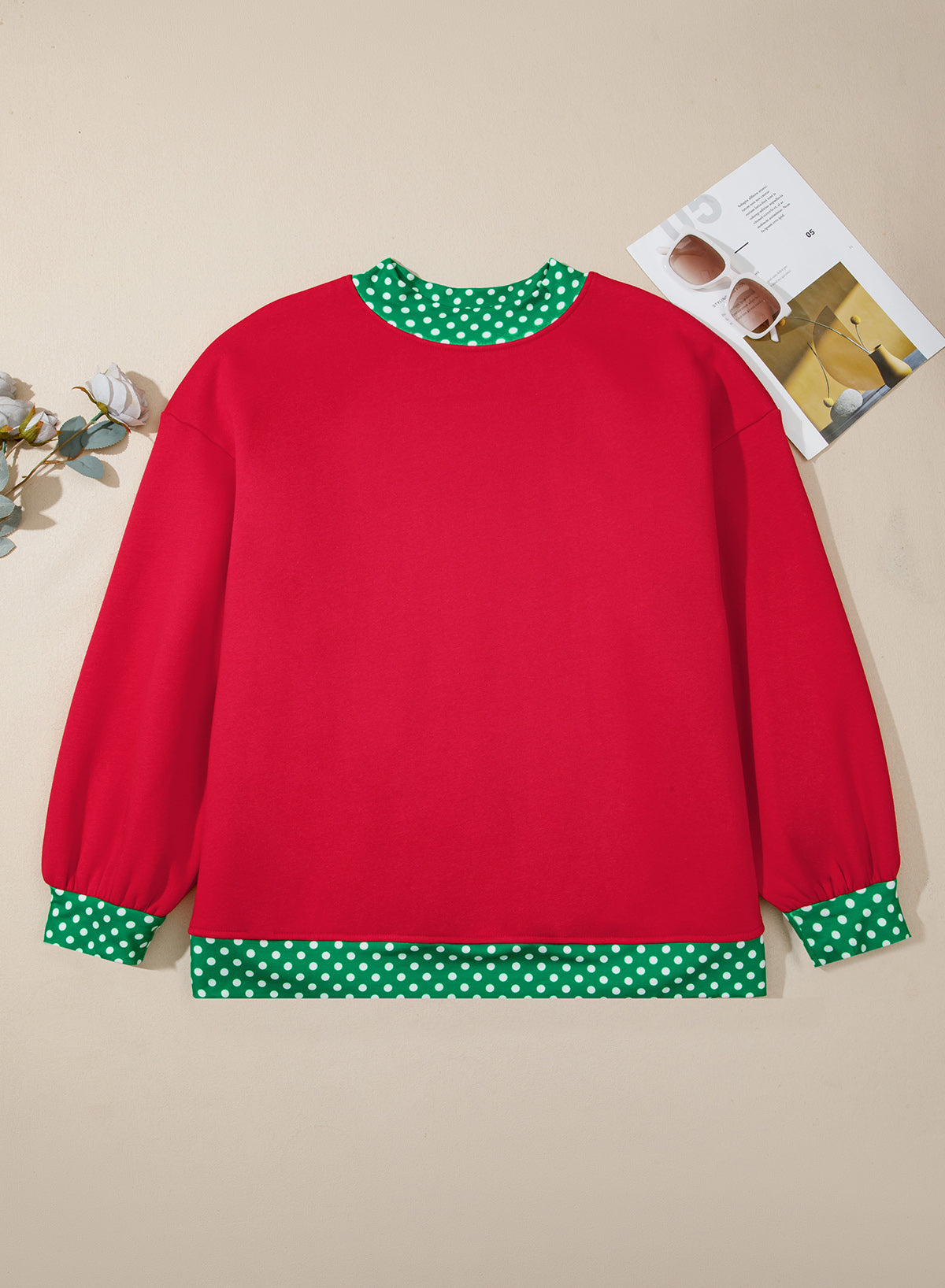 Dirty blue Polka Dot Patchwork Round Neck Plus Size Sweatshirt