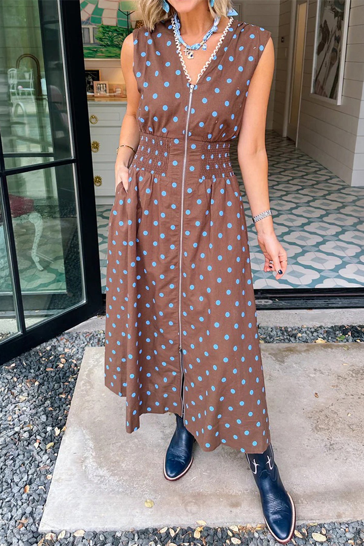 Black Polka Dot Print Contrast Trim V Neck Zip Up Sleeveless Dress