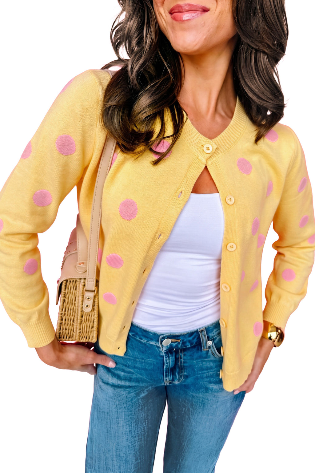 Fiery Red Casual Polka Dot Button Front Long Sleeve Sweater Cardigan