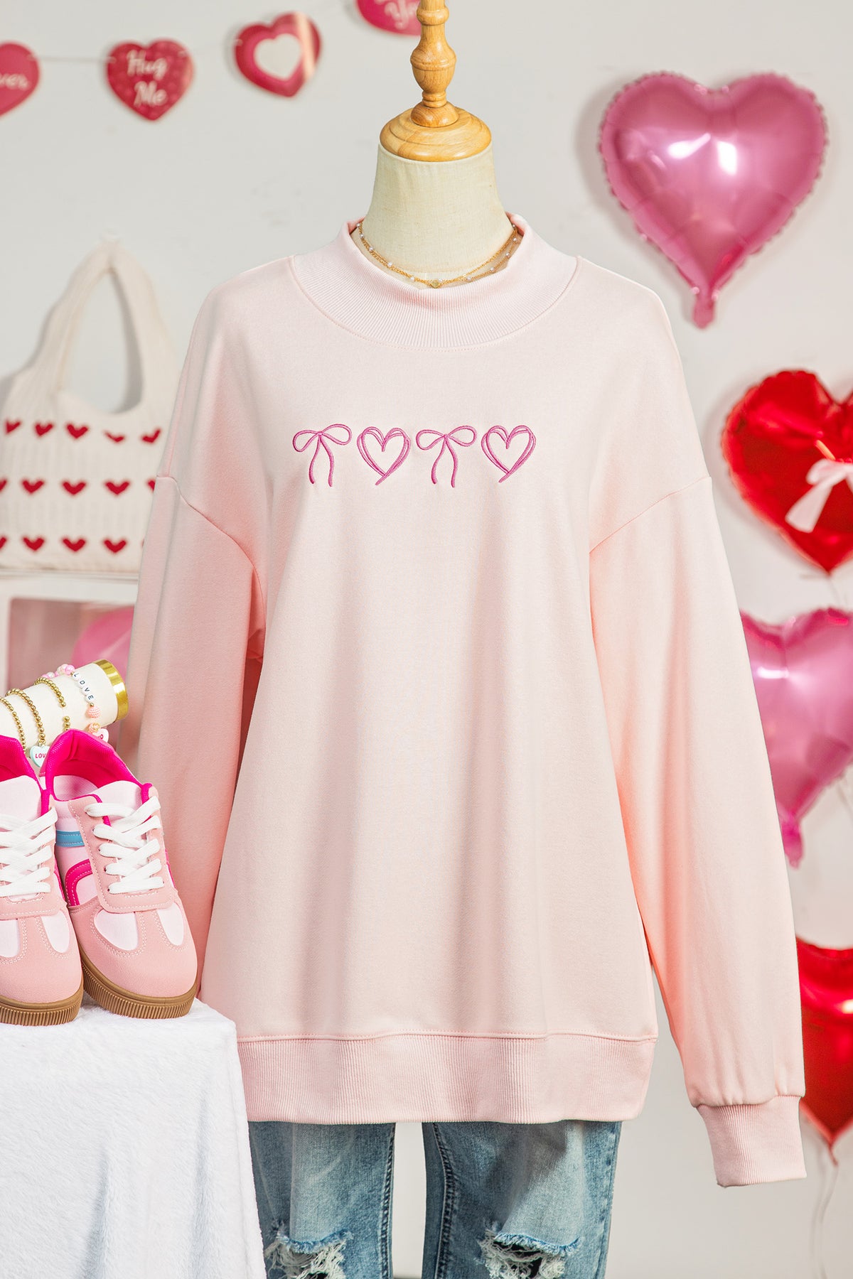 Apricot Pink Valentines Bow Heart Embroidered Sweatshirt