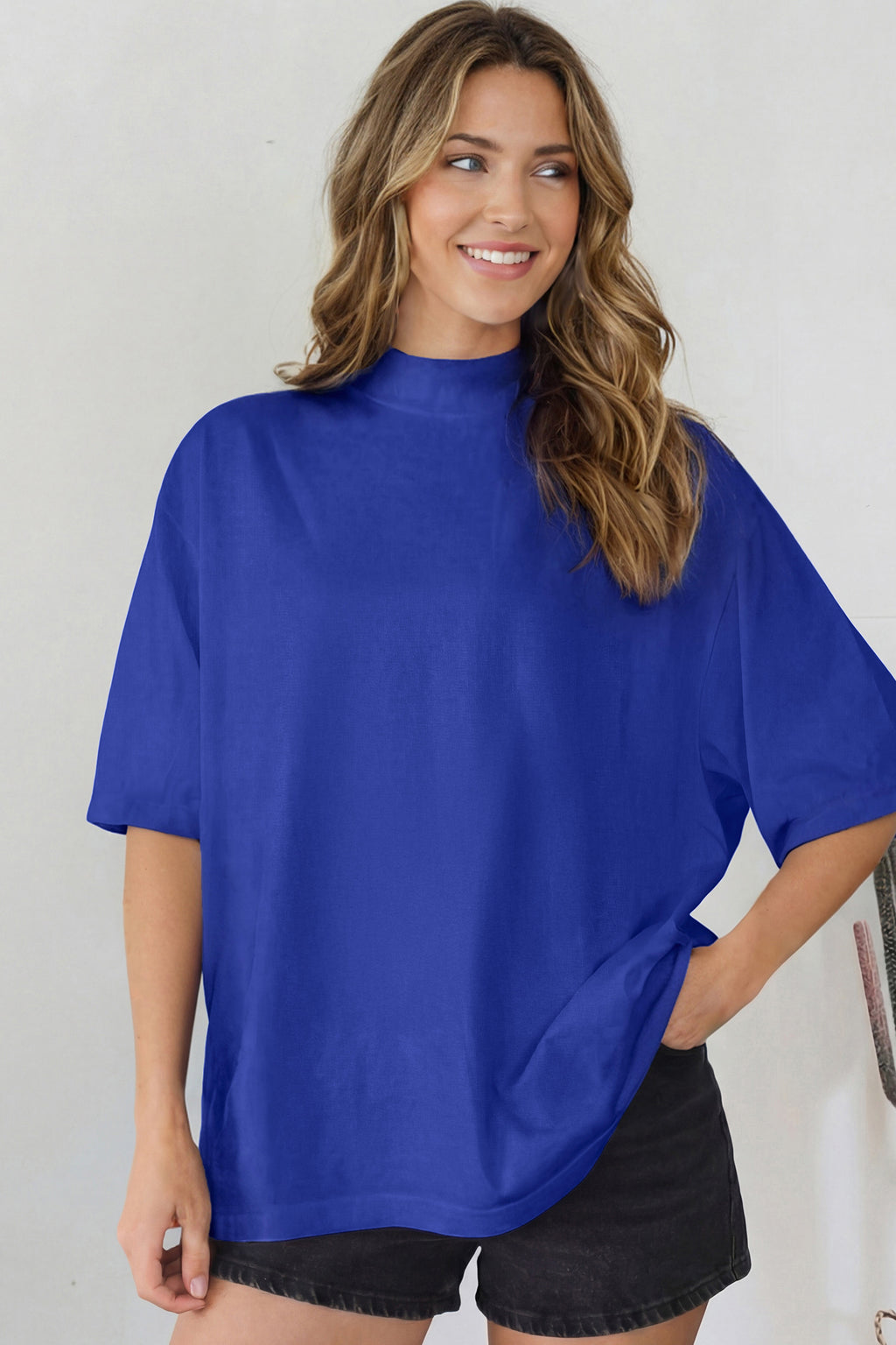 Pink Solid Color High Neck Oversize Tee