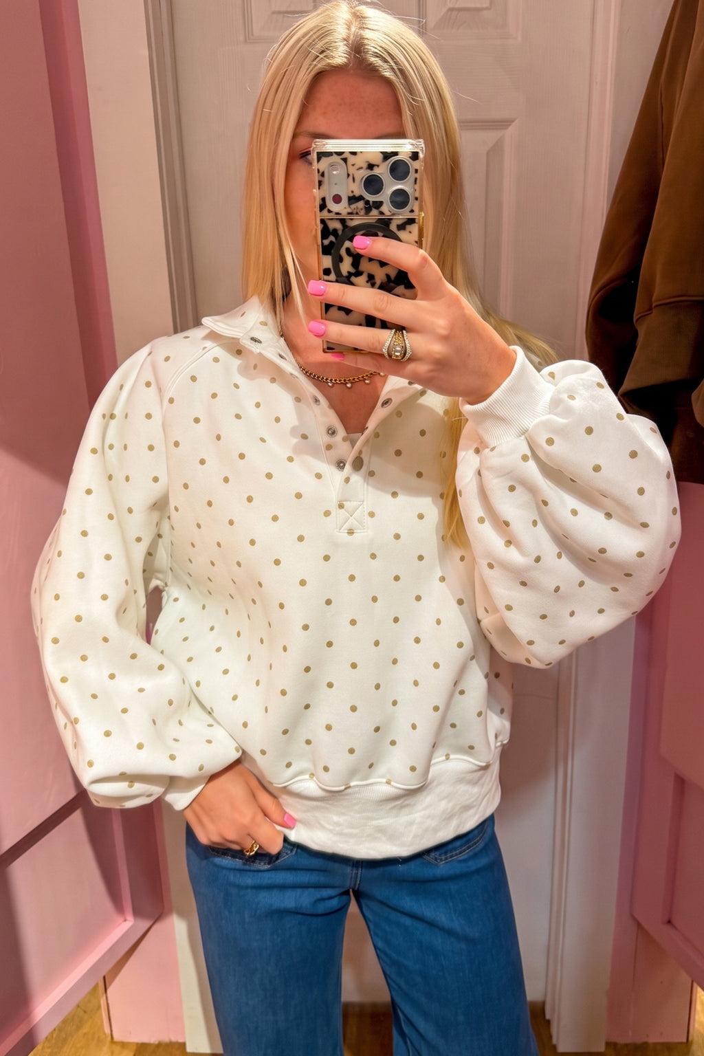 Red Polka Dot Print Metal Button Collar Casual Pullover Sweatshirt