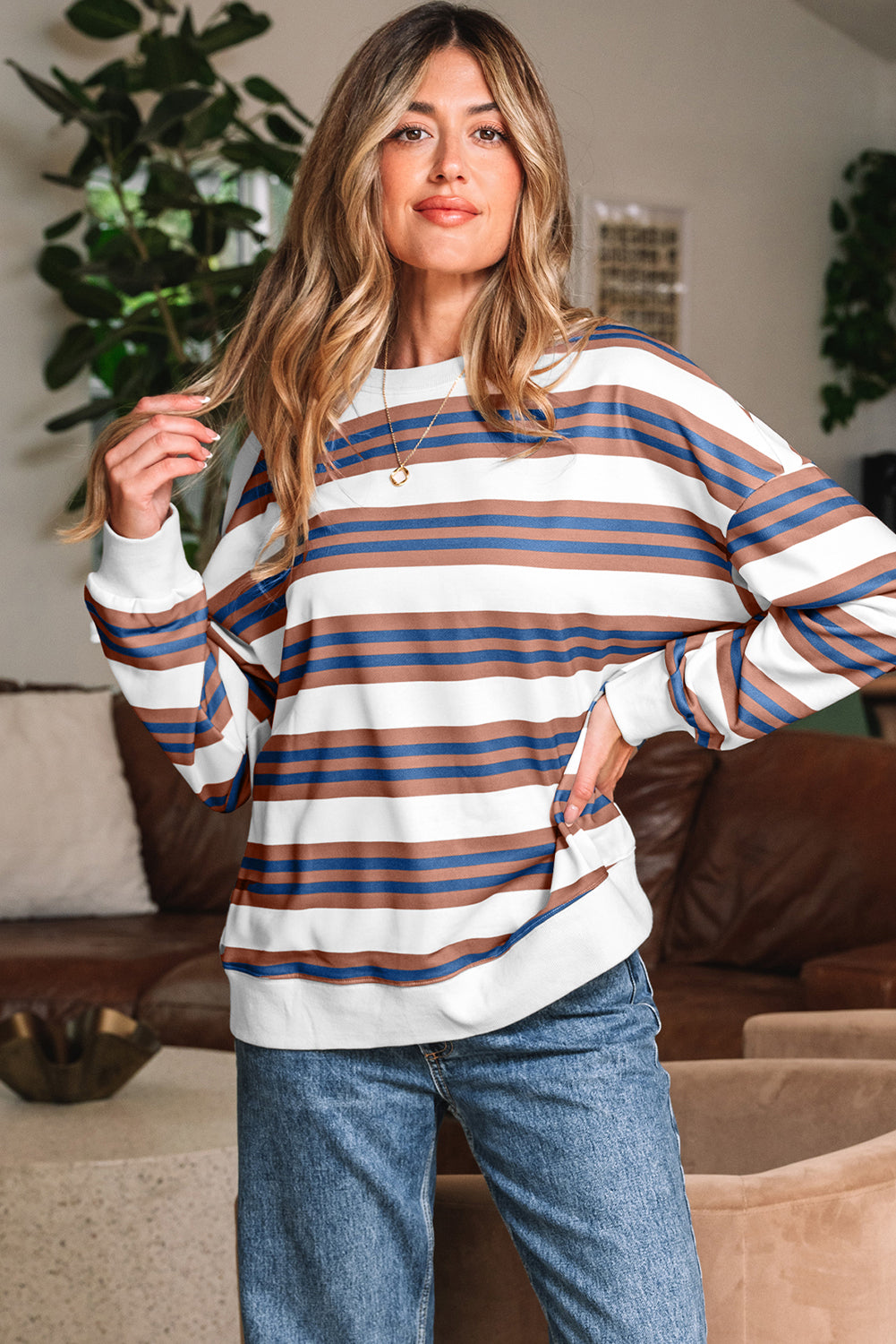Khaki Stripe Crew Neck Sweatshirt