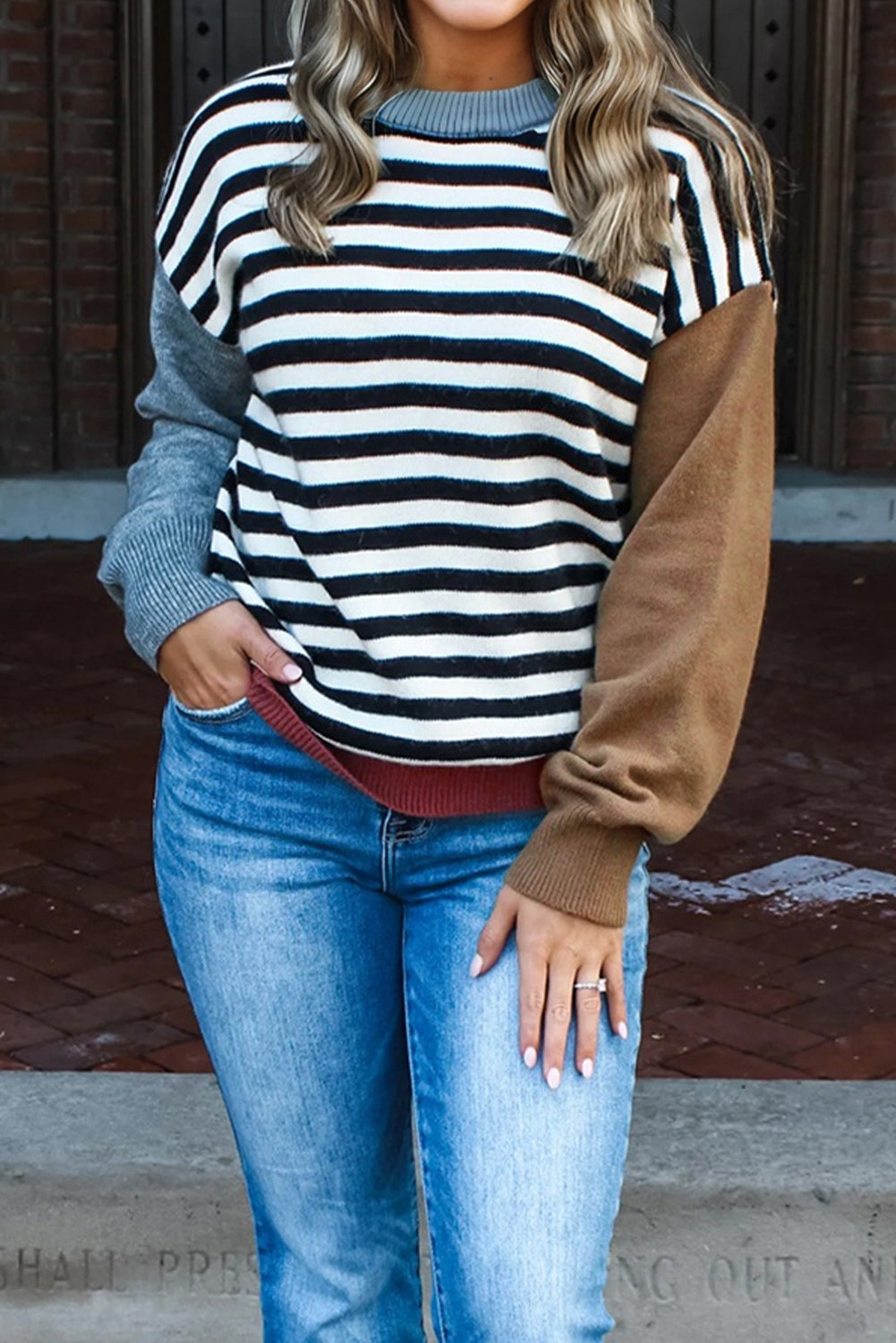 Striped Colorblock Sleeve Chic Sweater