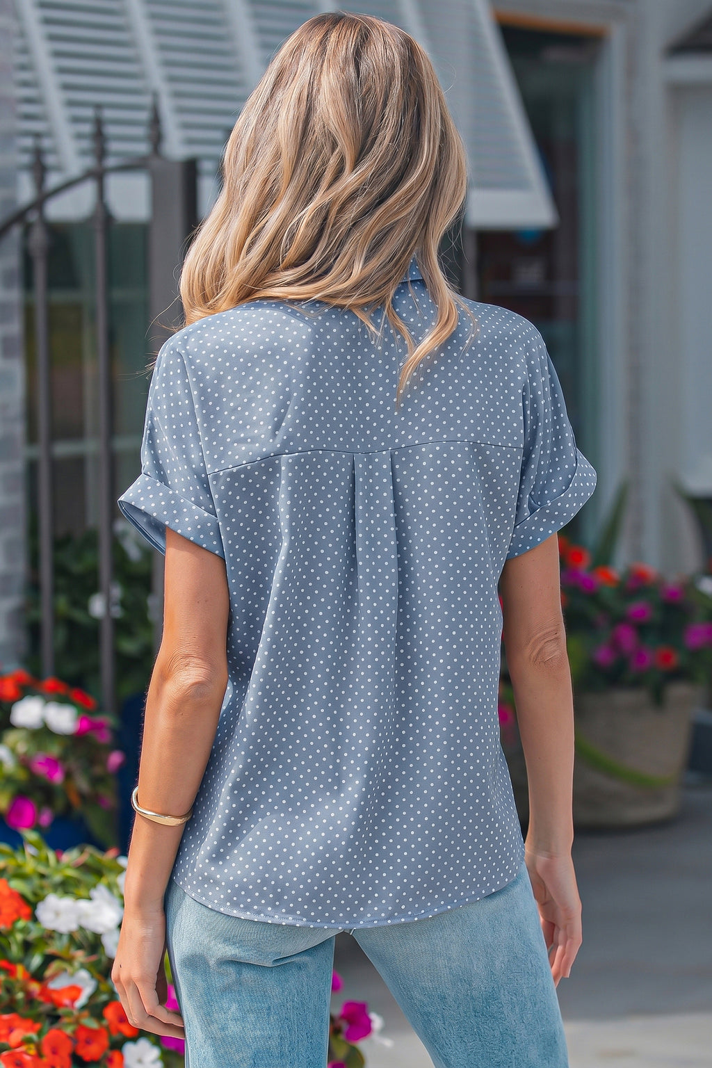Pink Dotted Print Cuffed Short Sleeve Shirt