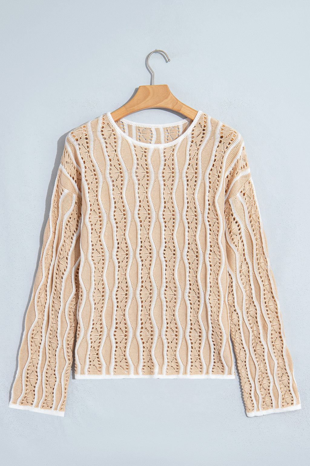Pink Wavy Detail Hollow Out Knit Long Sleeve Cotton Pullover Sweater