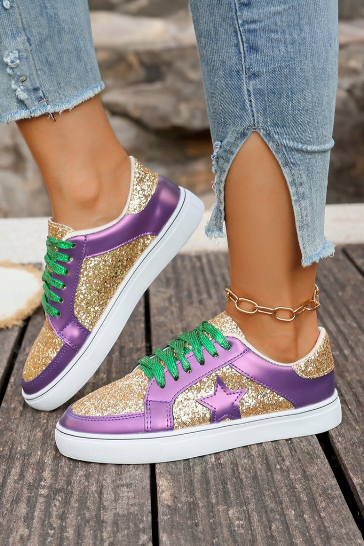 Rose Gold Glitter Star Patchwork PU Leather Lace-up Sneakers