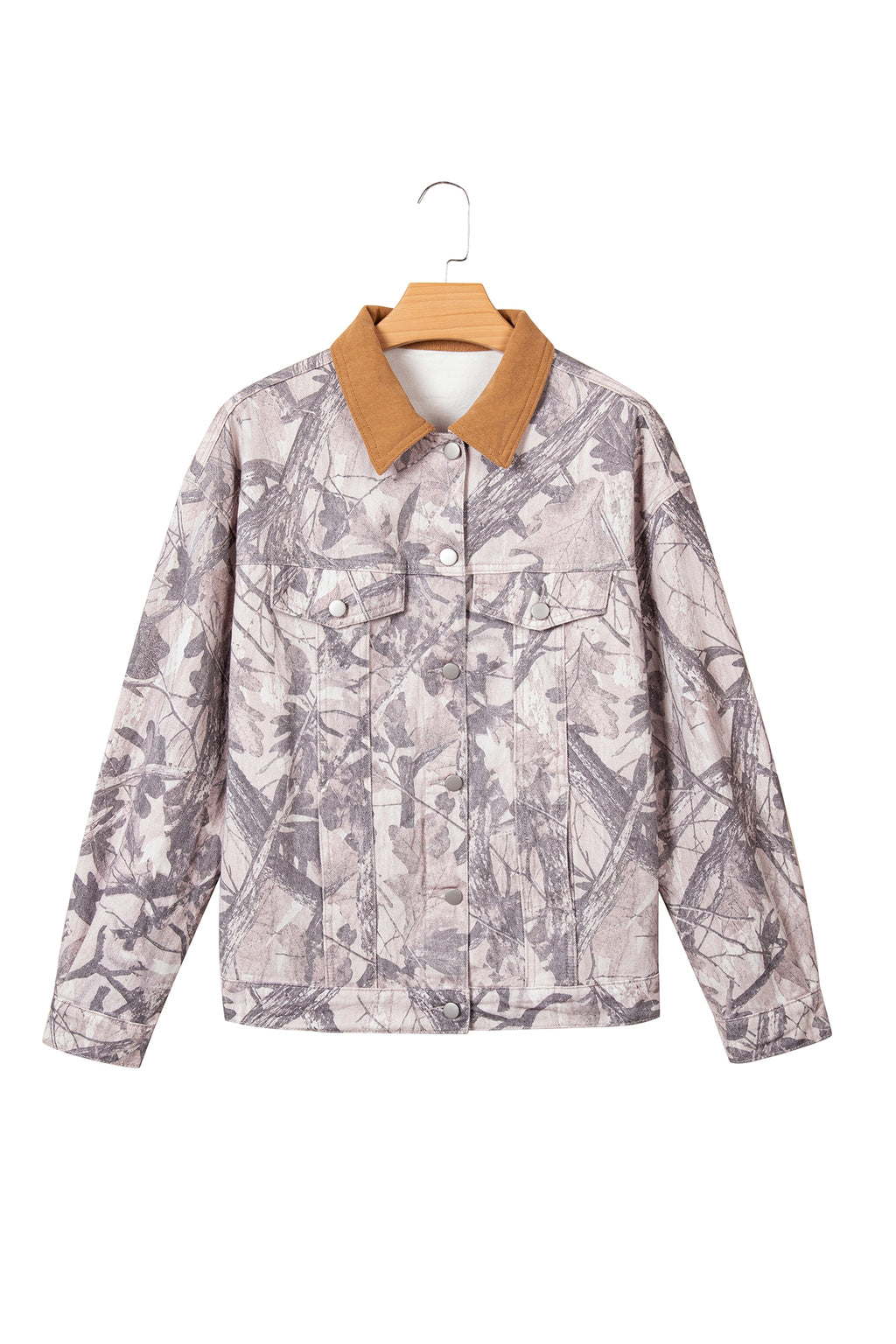 Gray Abstract Camo Print Colorblock Collar Oversized Shift Silhouette Denim Jacket