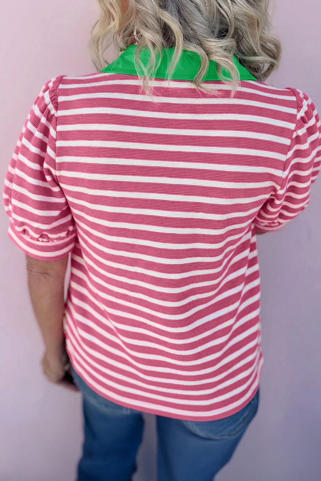 Black Stripe Short Puff Sleeve Color Block Polo Collar Blouse