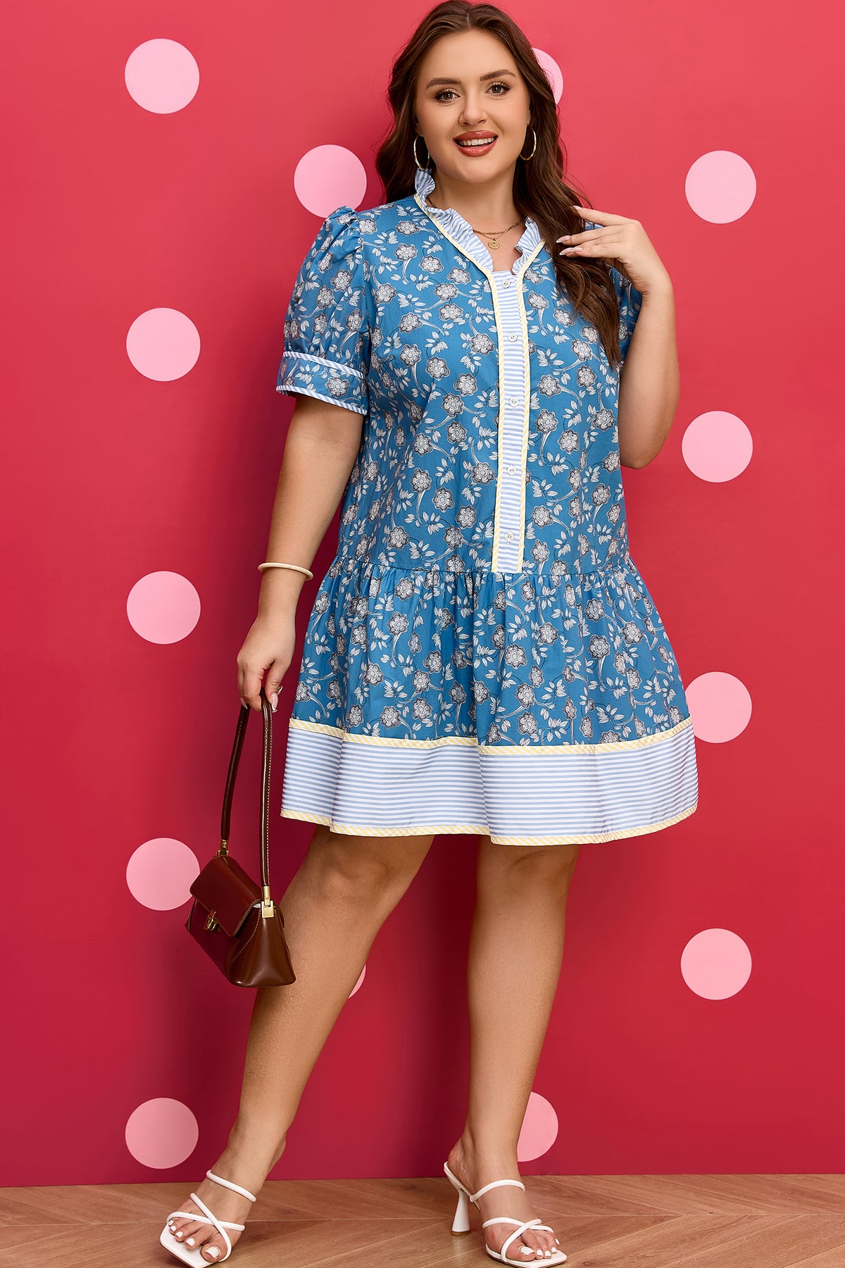 Blue Plus Size Floral Print Ruffle Hem Dress
