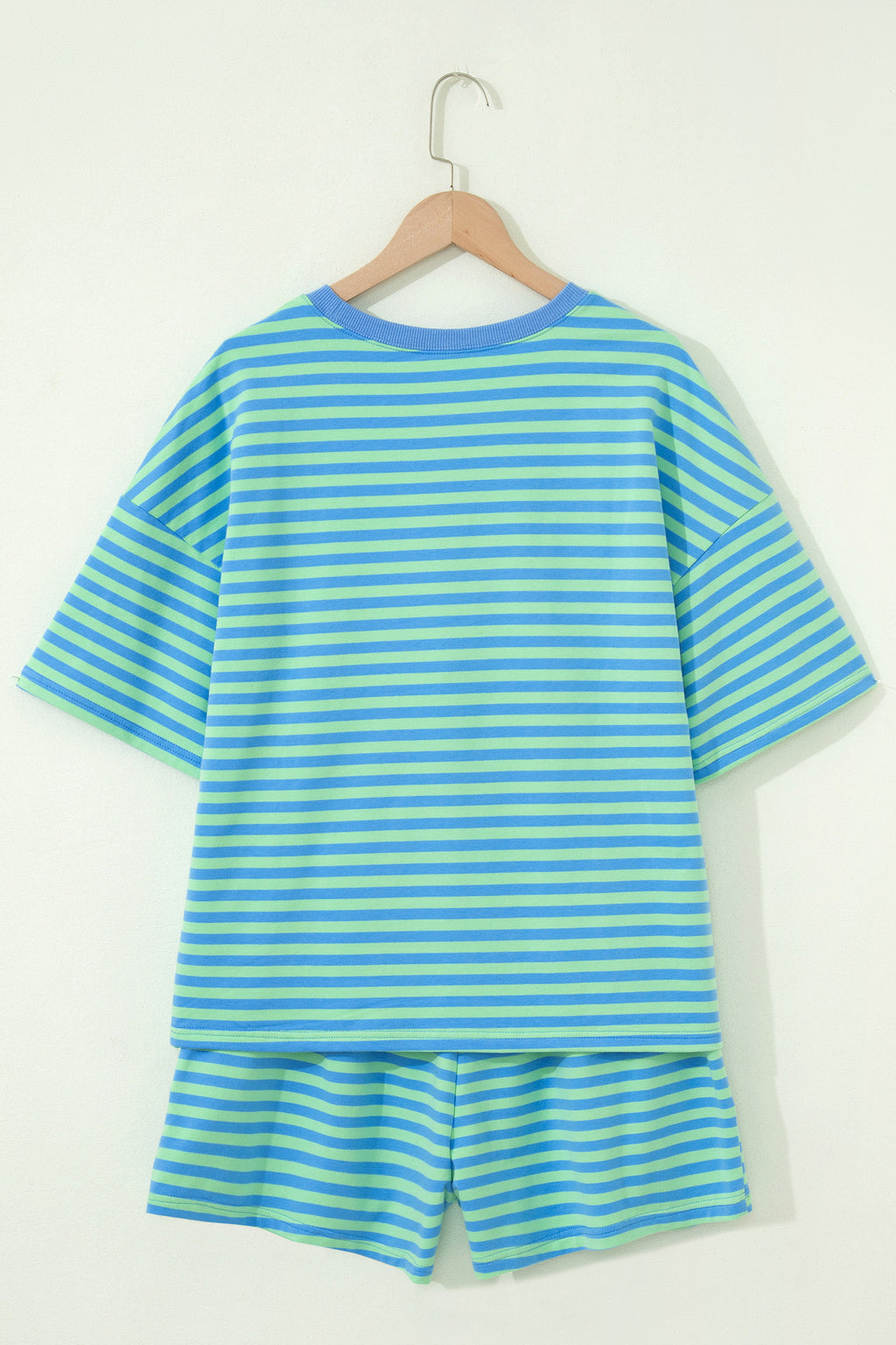 Navy Stripe Striped Ribbed Cotton Two-Piece Short Set with Chest Patch Detail