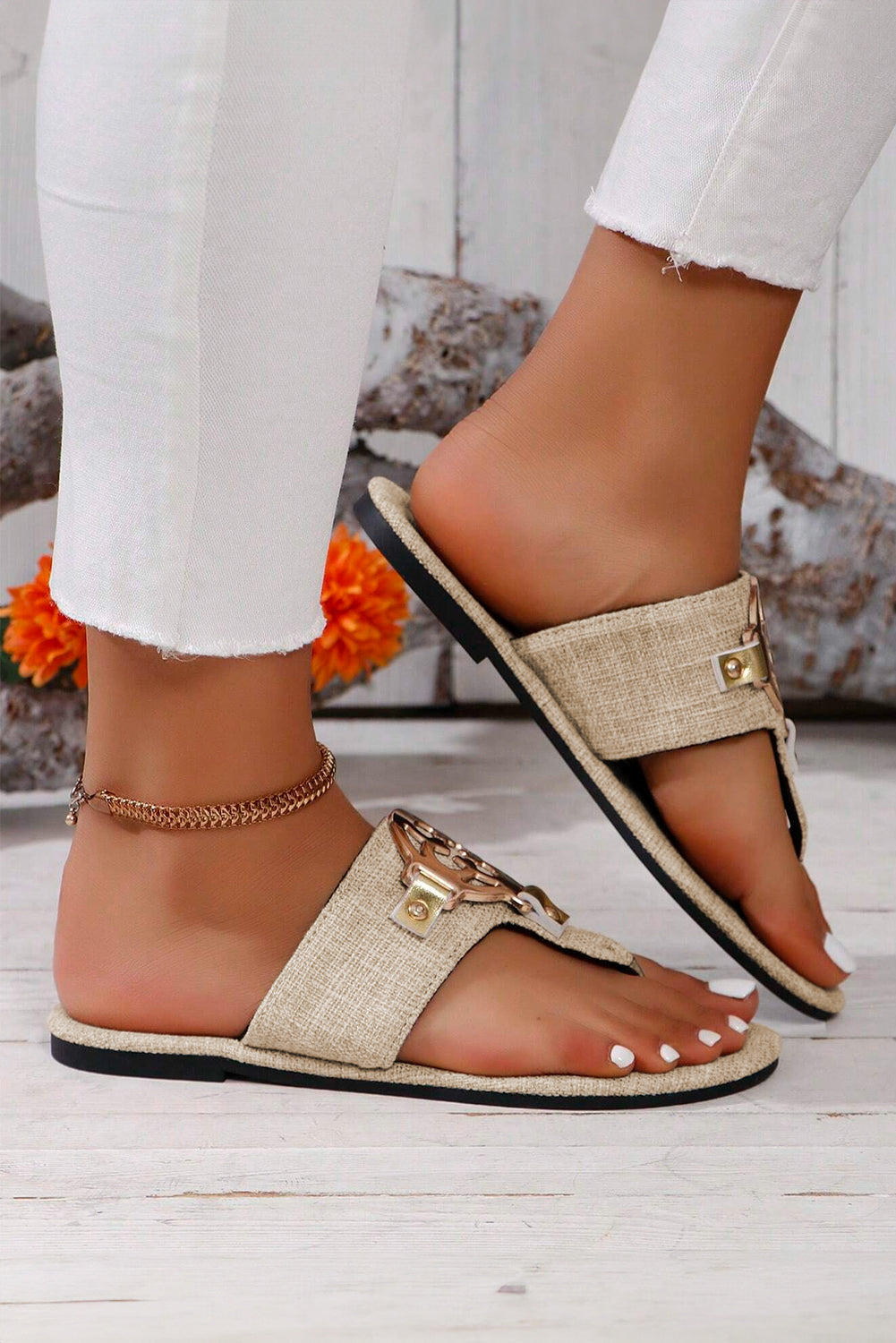 White Metal Decor Leather Thong Slippers