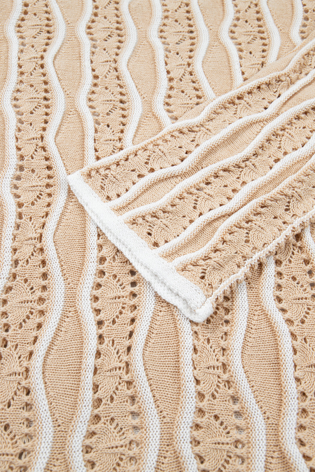 Pink Wavy Detail Hollow Out Knit Long Sleeve Cotton Pullover Sweater