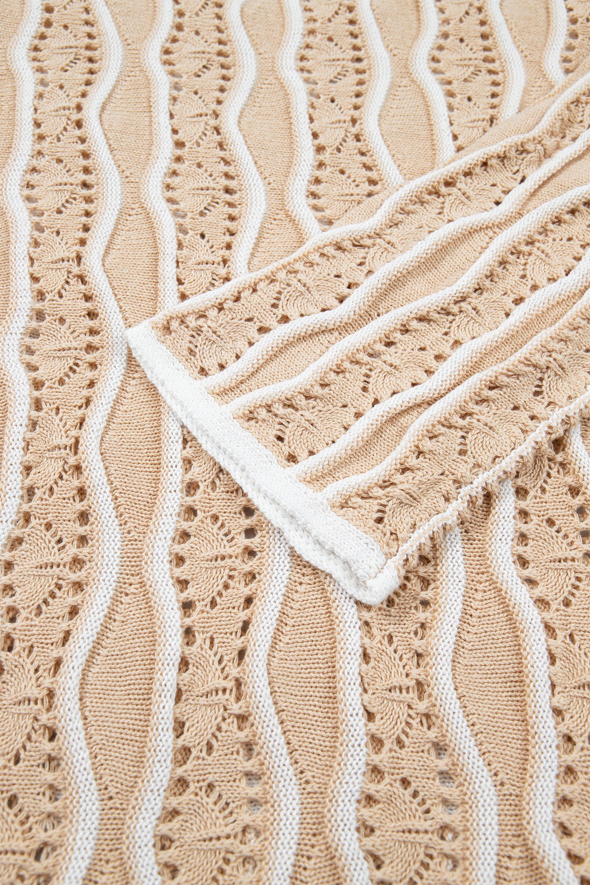 Pink Wavy Detail Hollow Out Knit Long Sleeve Cotton Pullover Sweater