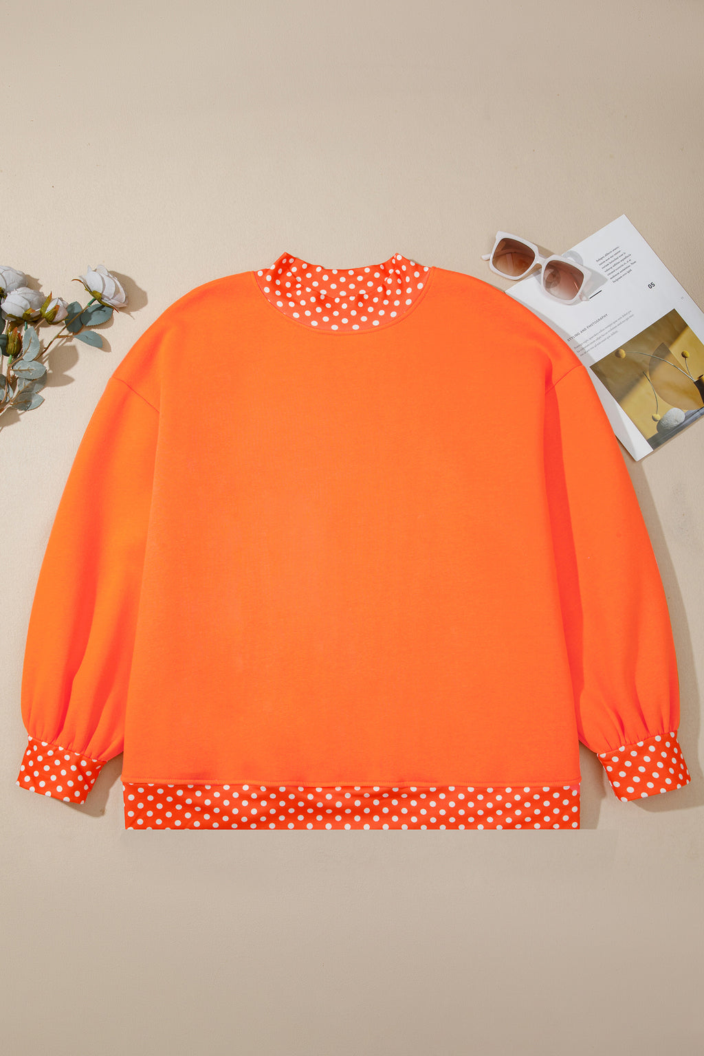 Dirty blue Polka Dot Patchwork Round Neck Plus Size Sweatshirt