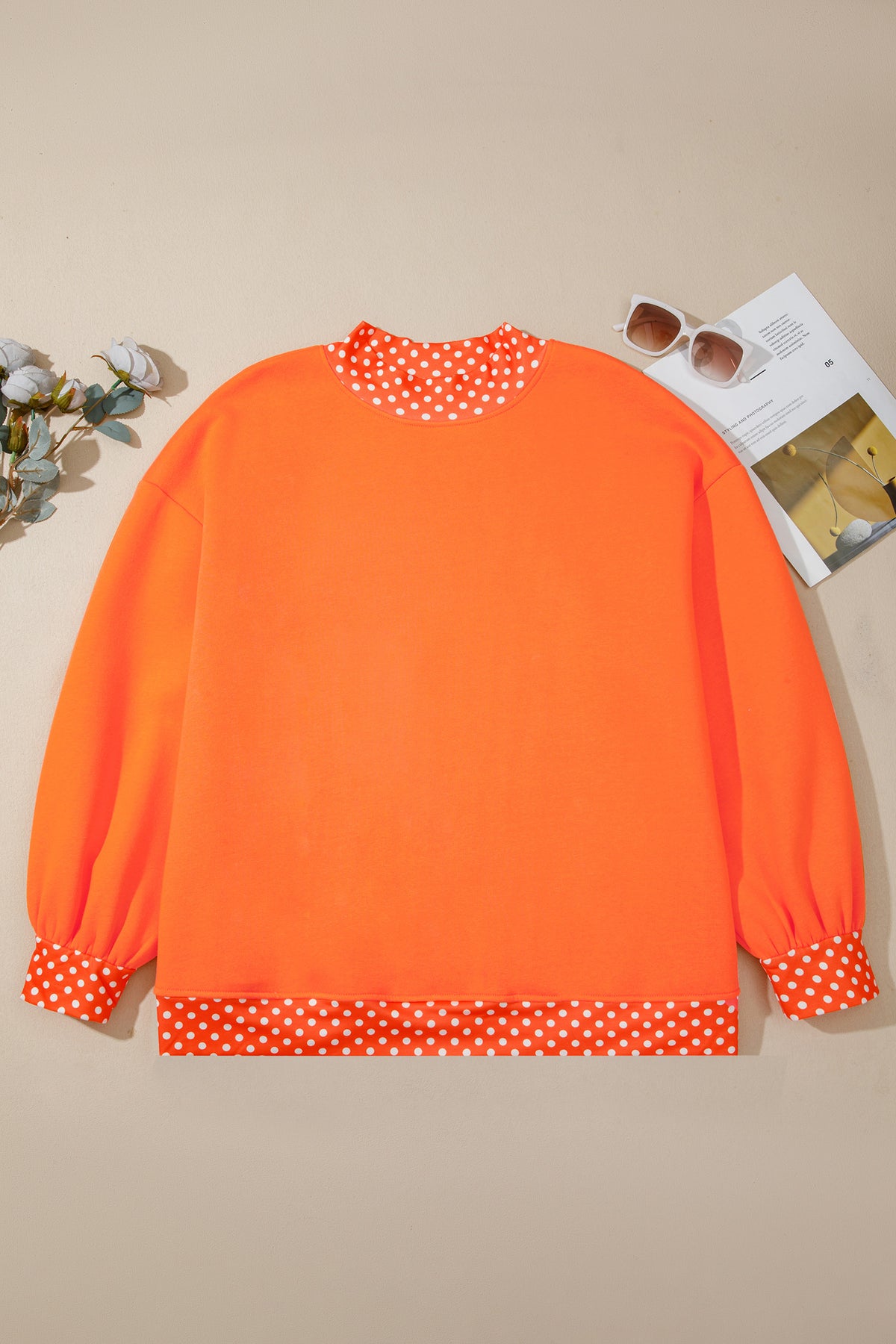 Dirty blue Polka Dot Patchwork Round Neck Plus Size Sweatshirt