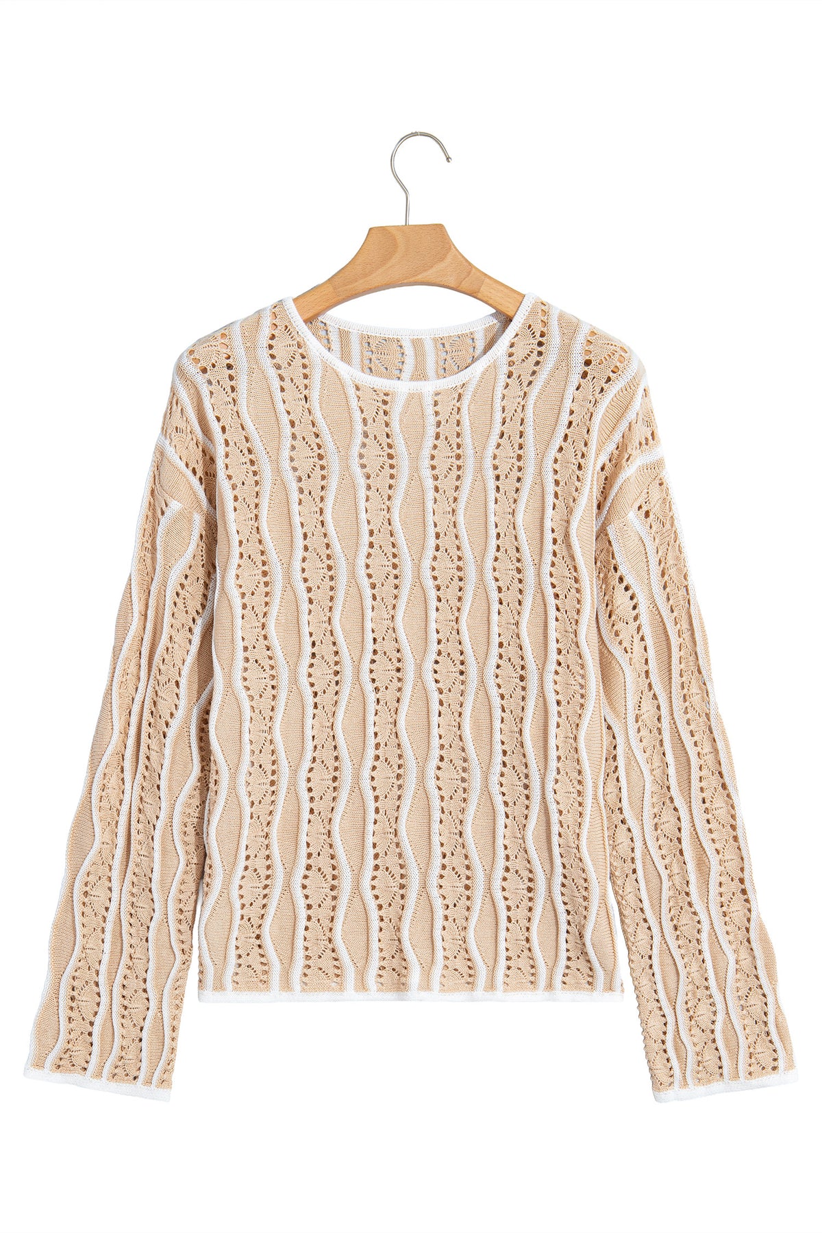 Pink Wavy Detail Hollow Out Knit Long Sleeve Cotton Pullover Sweater