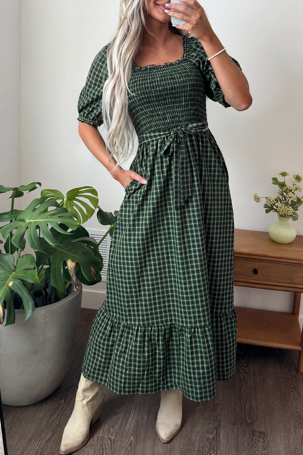 Green Plaid Square Neck Shirred High Waist Ruffle Hem Dress
