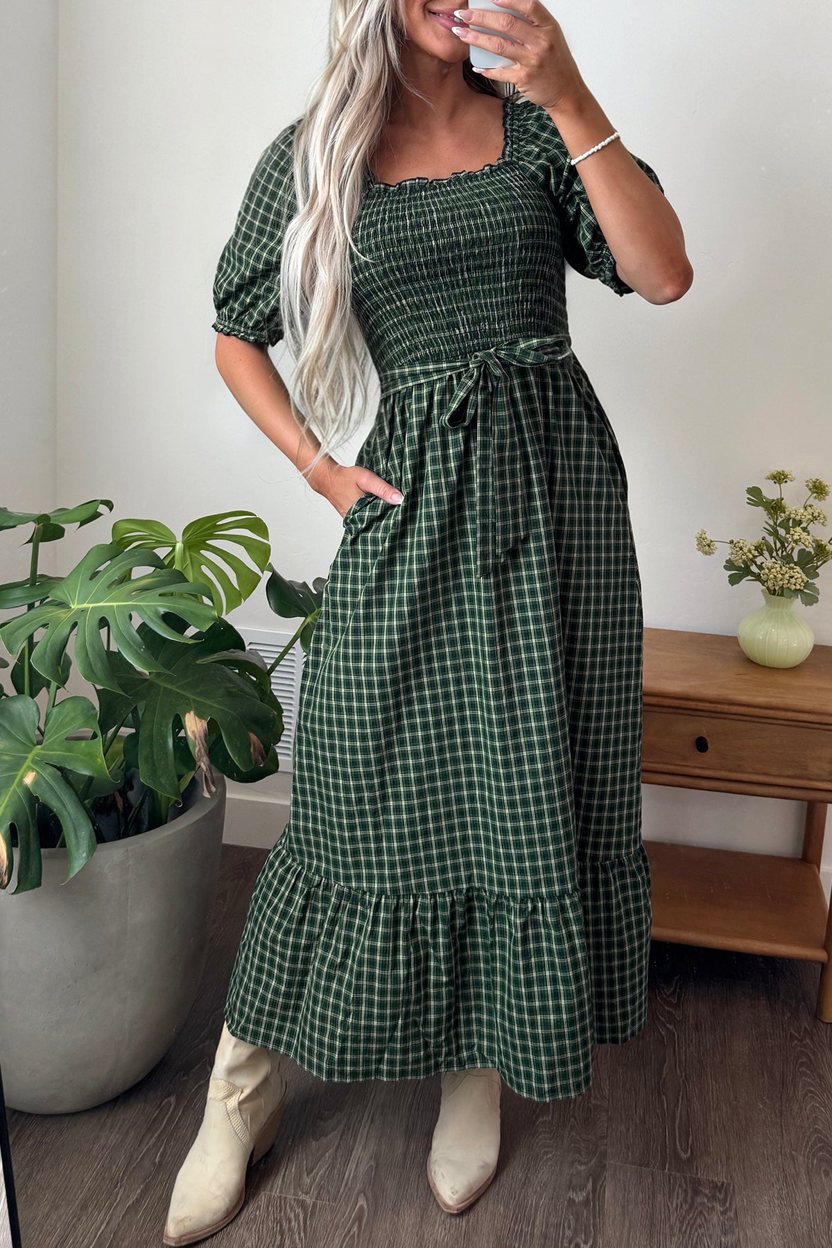 Green Plaid Square Neck Shirred High Waist Ruffle Hem Dress