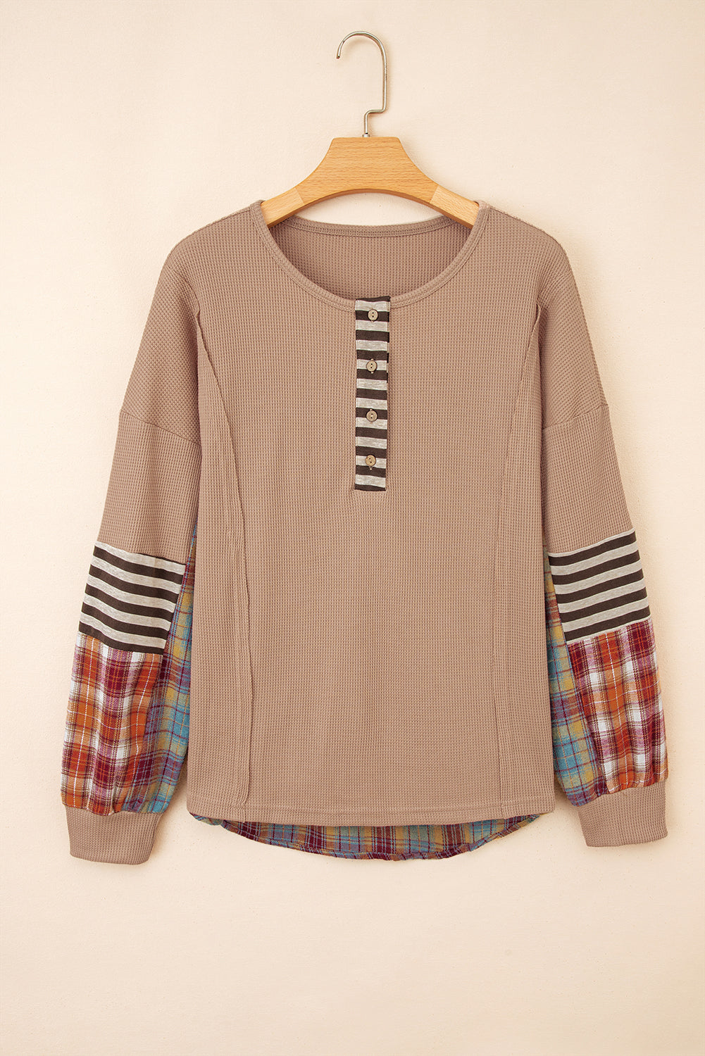 Plaid Patchwork Henley Knit Top