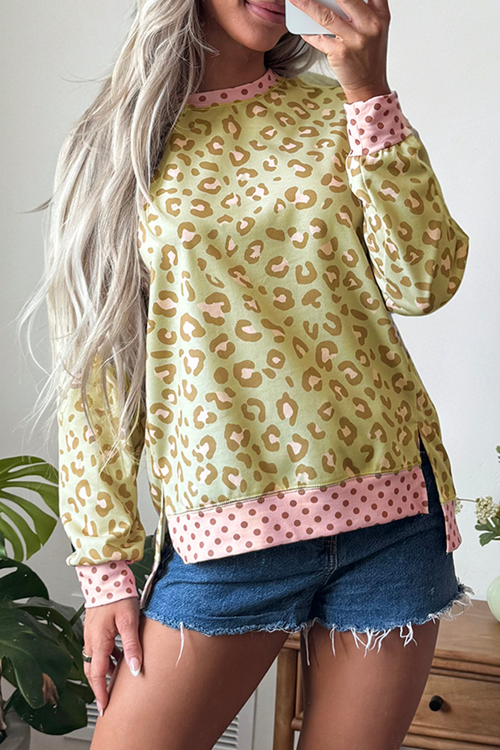 Pink Leopard Polka Dot Colorblock Trim Long Sleeve Top