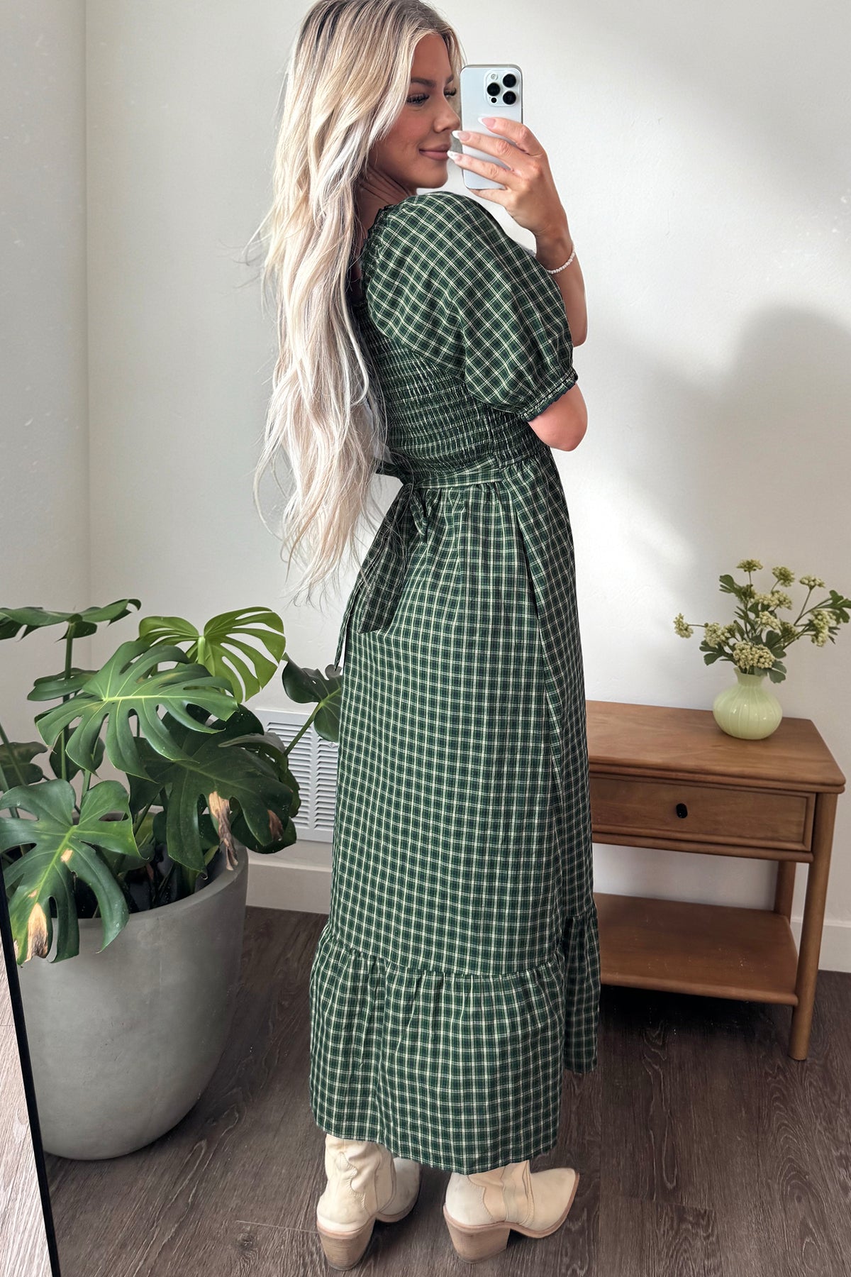Green Plaid Square Neck Shirred High Waist Ruffle Hem Dress