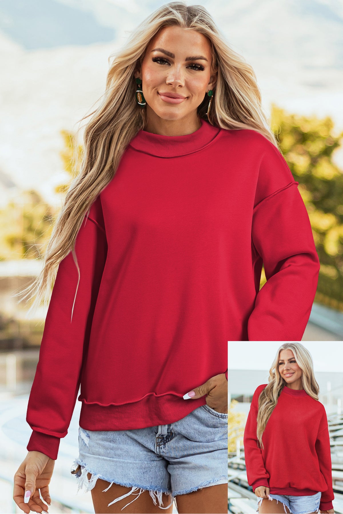 Bright Pink Oversize Drop Shoulder Reversible Mock Neck Sweatshirt