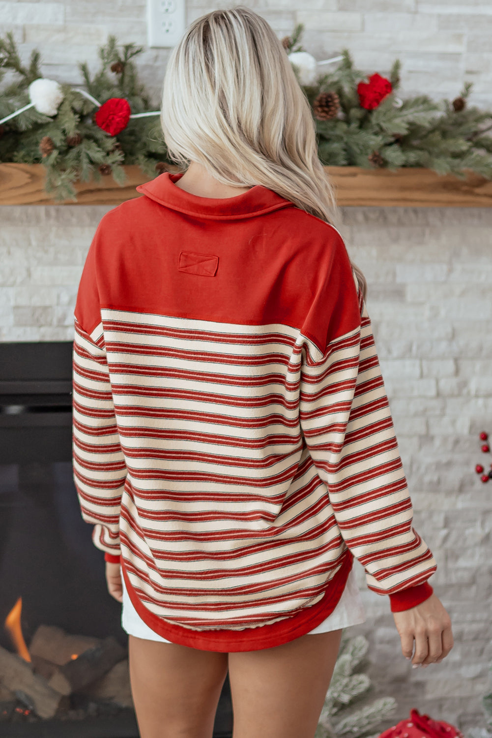 Pink Stripe V Neck Collared Shoulder Top