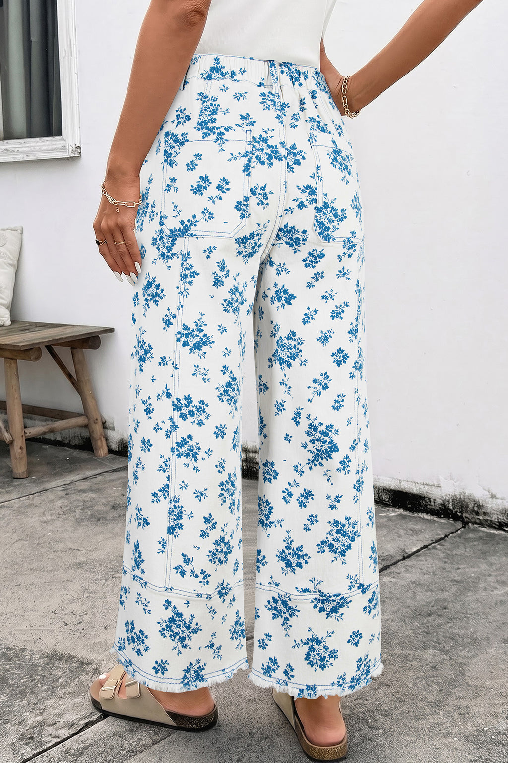 Sky Blue Floral Print Straight Leg Jeans