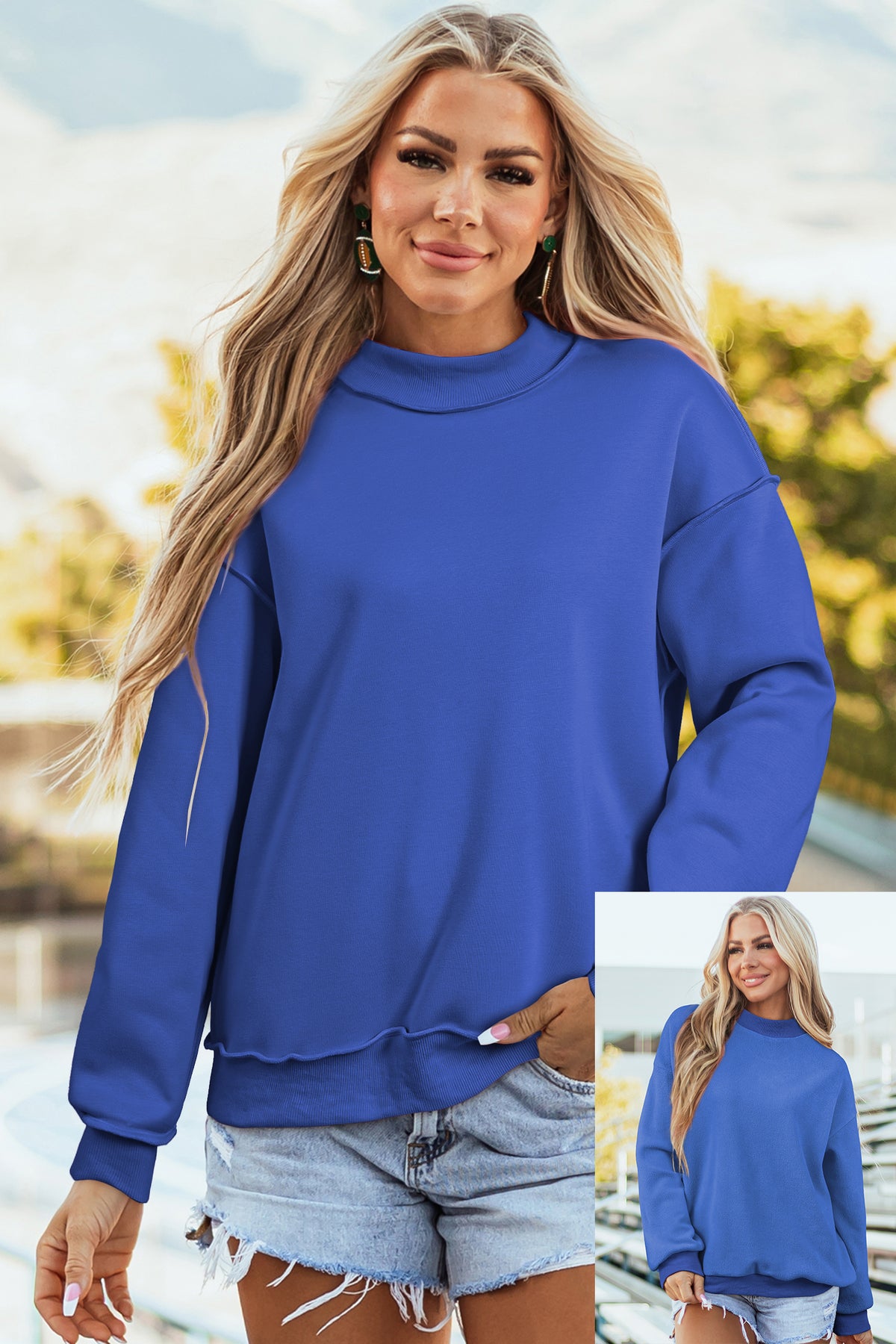 Bright Pink Oversize Drop Shoulder Reversible Mock Neck Sweatshirt