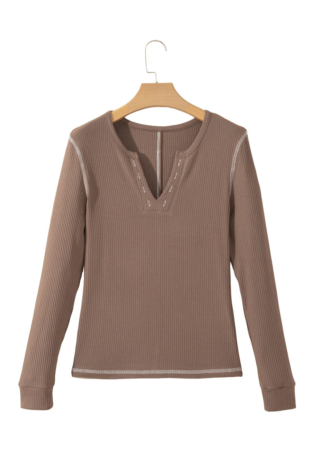 Peacock Blue V Neck Ribbed Stitched Detail Long Sleeve Top