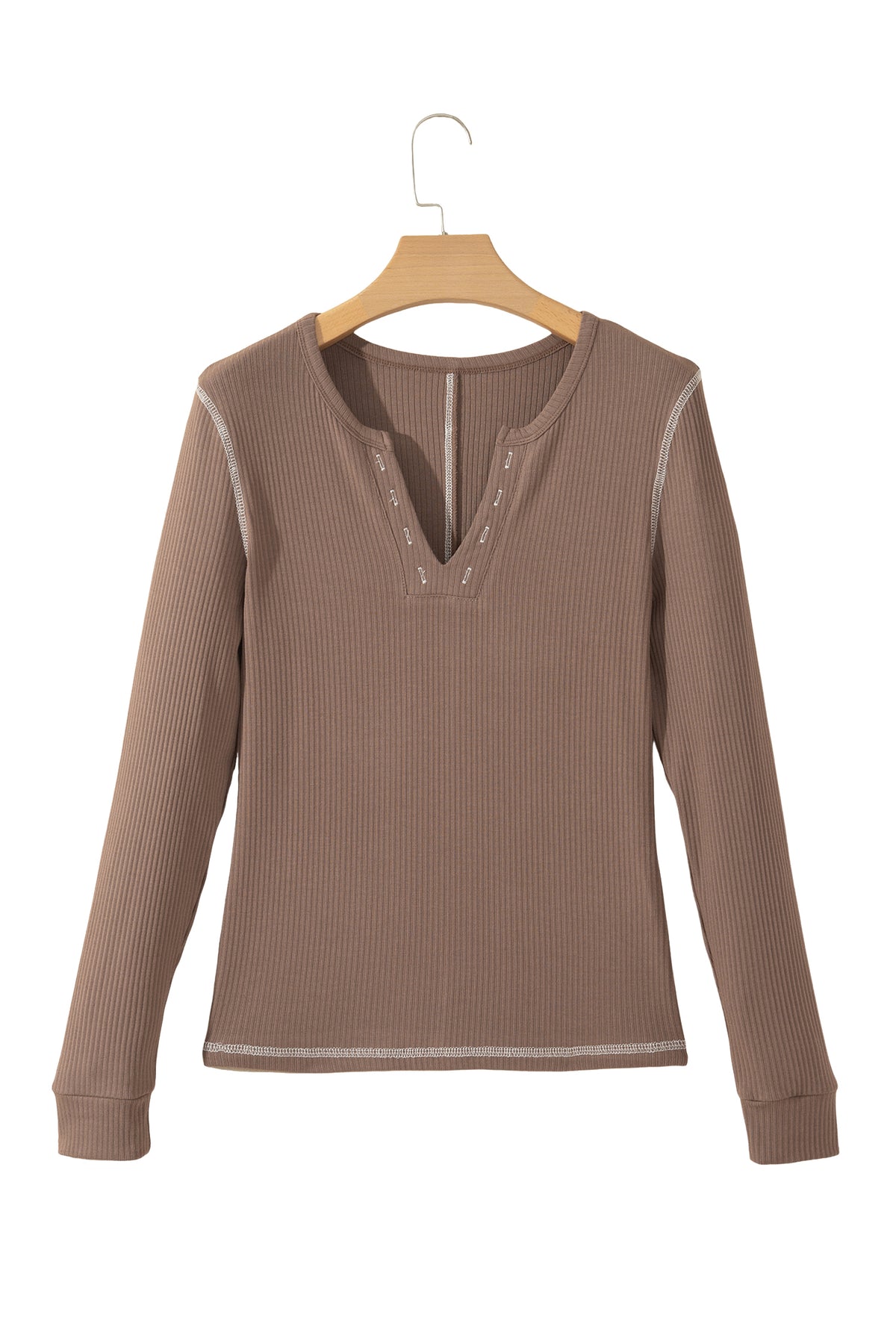 Peacock Blue V Neck Ribbed Stitched Detail Long Sleeve Top