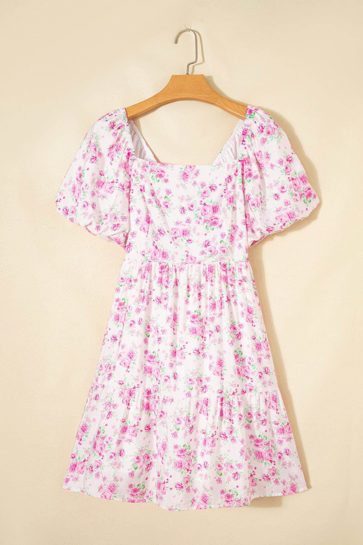 Pink Floral Print Square Neck Ribbon Knot Back Cute Mini Dress