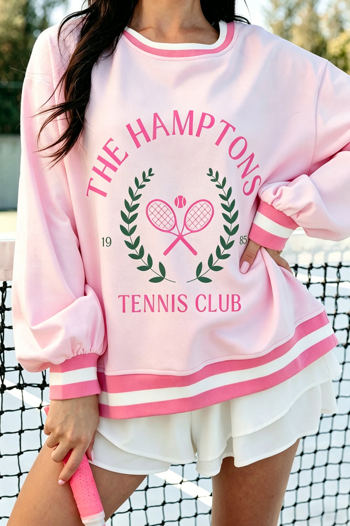 Pink Embroidered Tennis Pullover Sweatshirt
