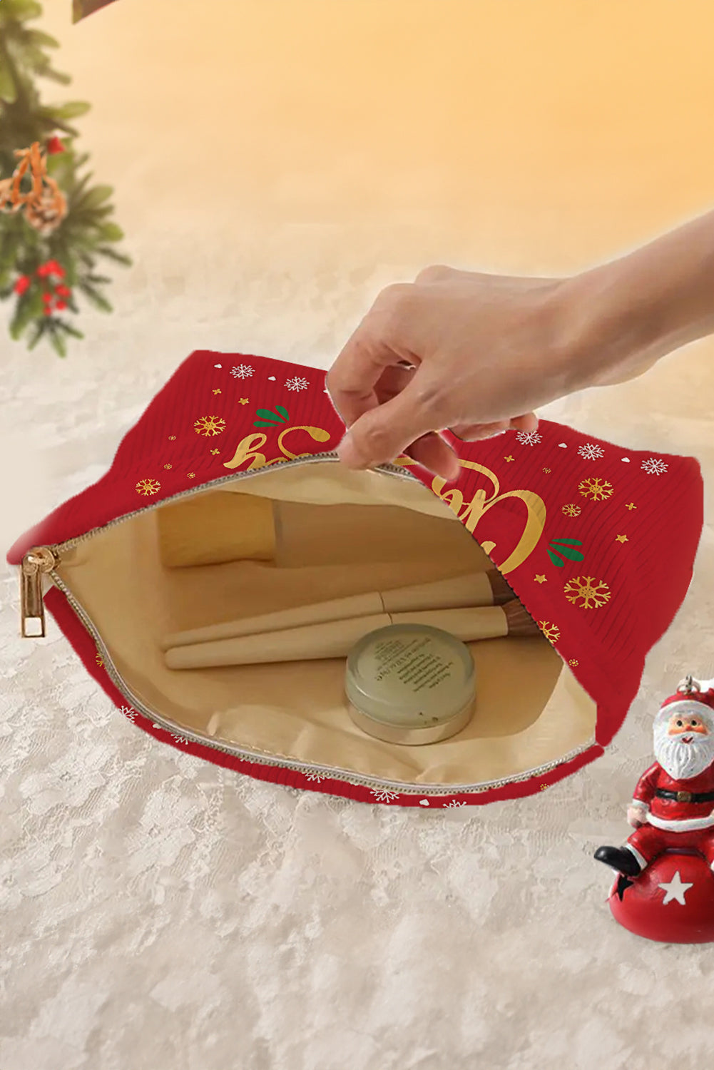 Pink Christmas Fashion Print Corduroy Zip Up Cosmetic Bag