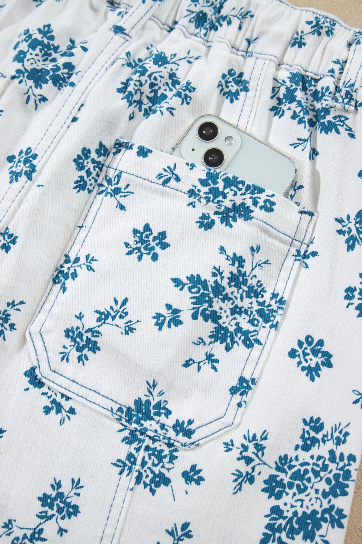 Sky Blue Floral Print Straight Leg Jeans