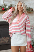 Pink Stripe V Neck Collared Shoulder Top