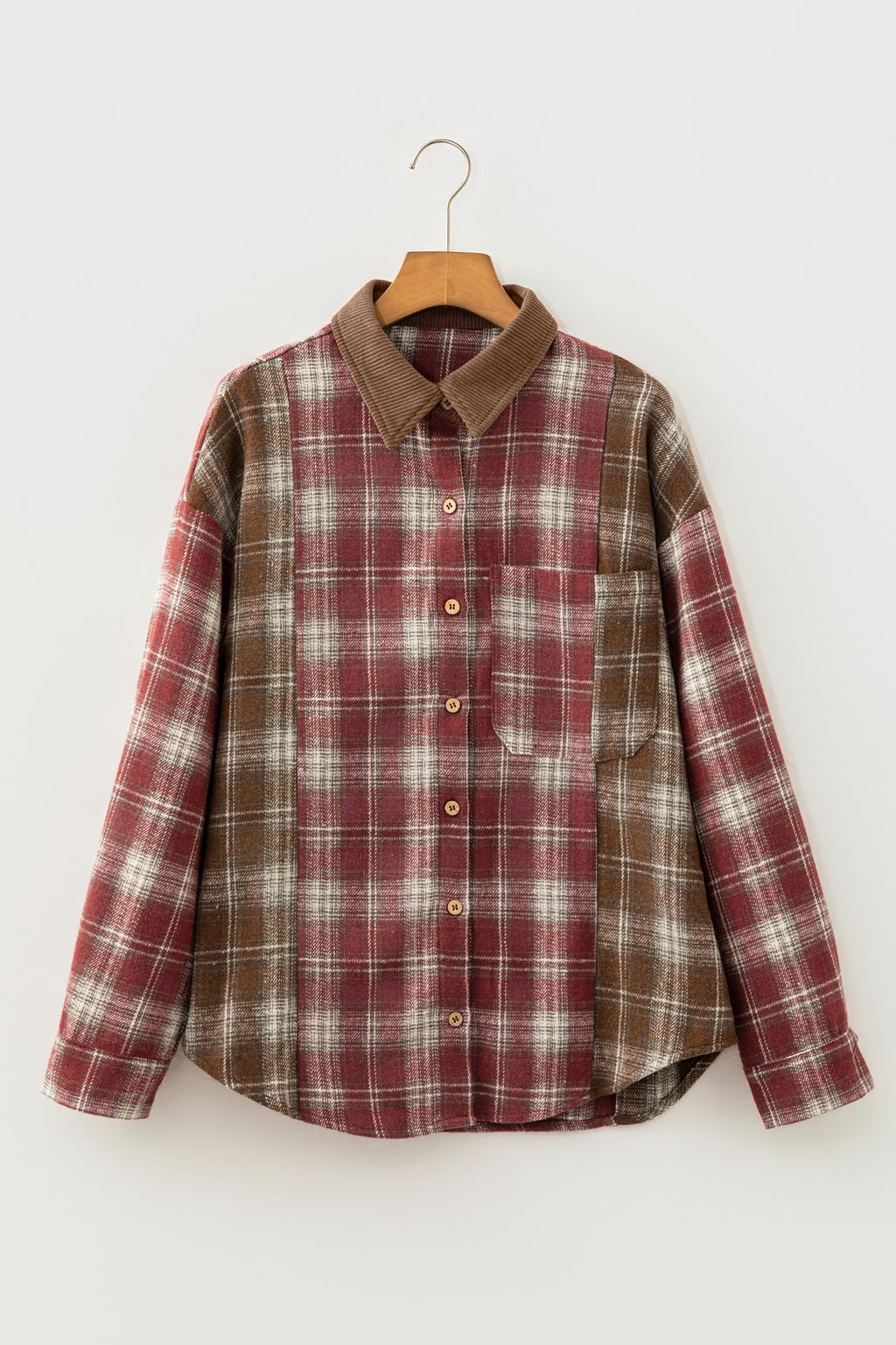 Red Contrast Plaid Long Sleeve Button Down Shacket