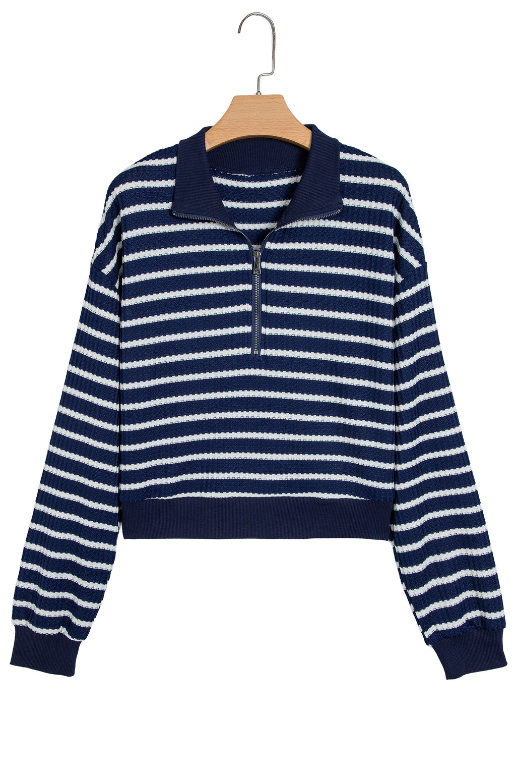 Blue Stripe Textured Knit Half Zip Collared Long Sleeve Top